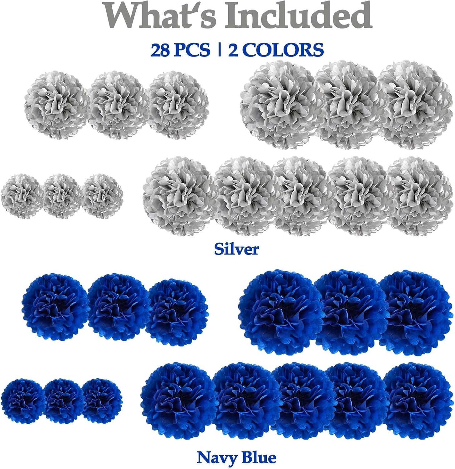 Navy Blue and Silver Tissue Paper Pom Poms Flower Set 28PCS