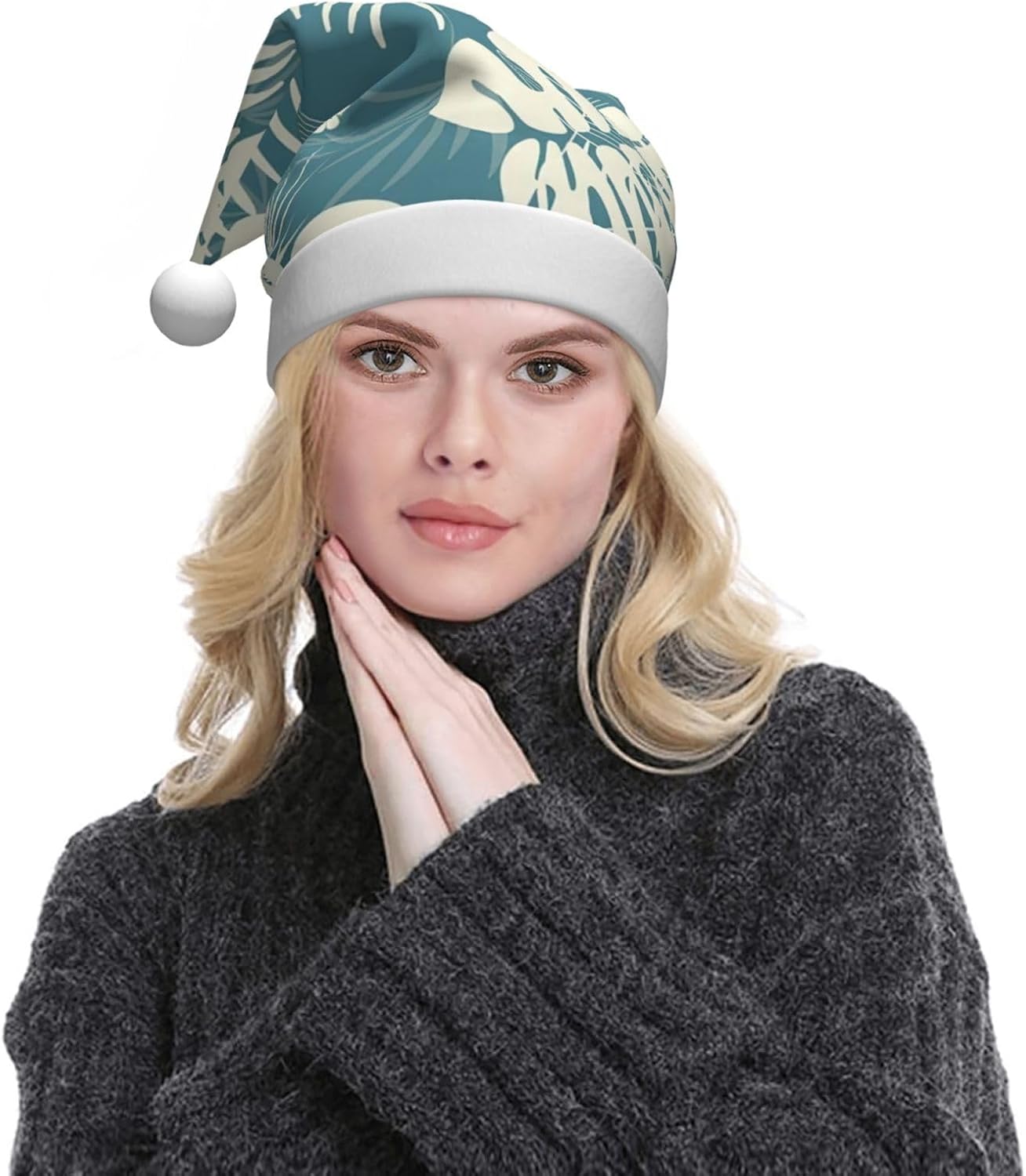 QINZHENG Velvet Santa Hat with Leaves Print