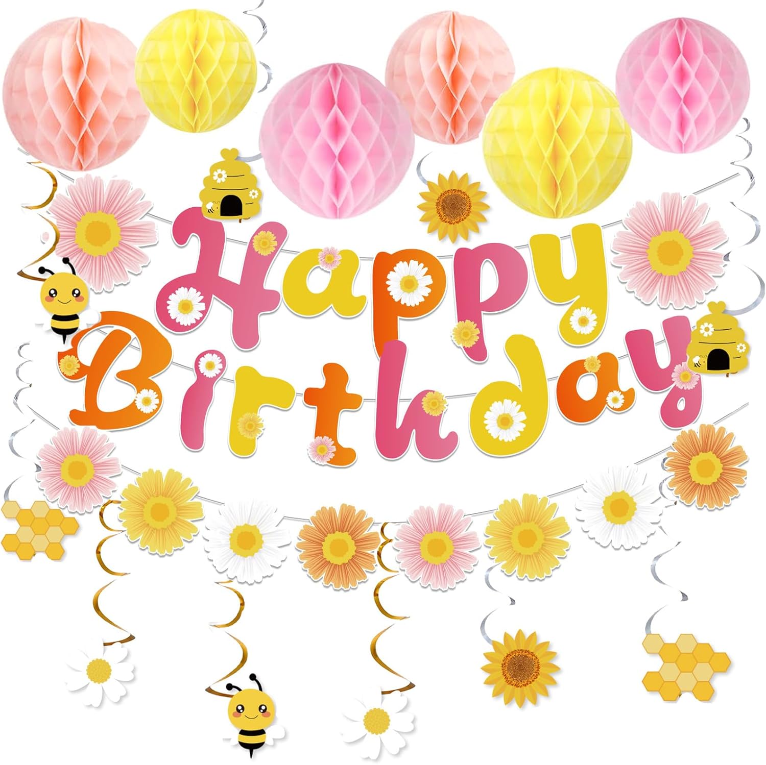 Pre-Strung Happy Birthday Banner with Honeycomb Balls and Daisy Garland