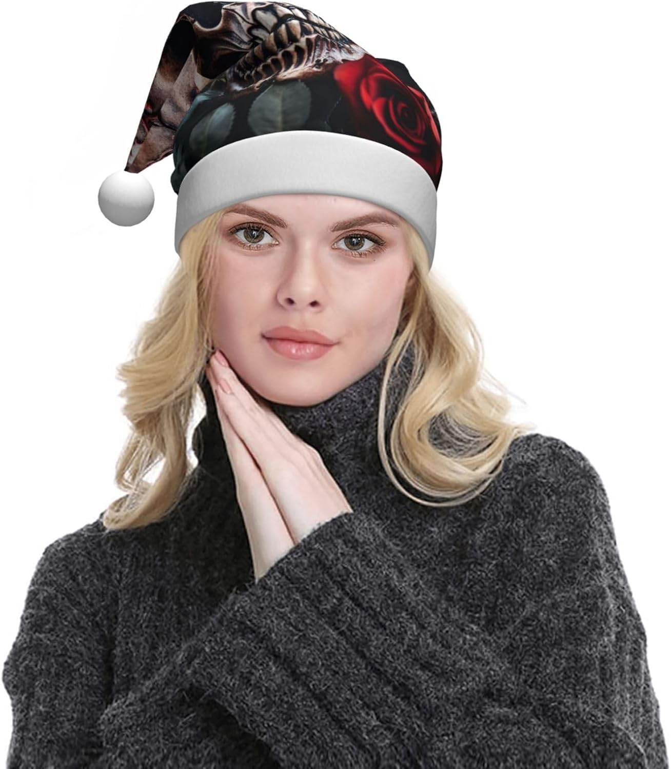 QINZHENG Skull and Red Rose Santa Hat