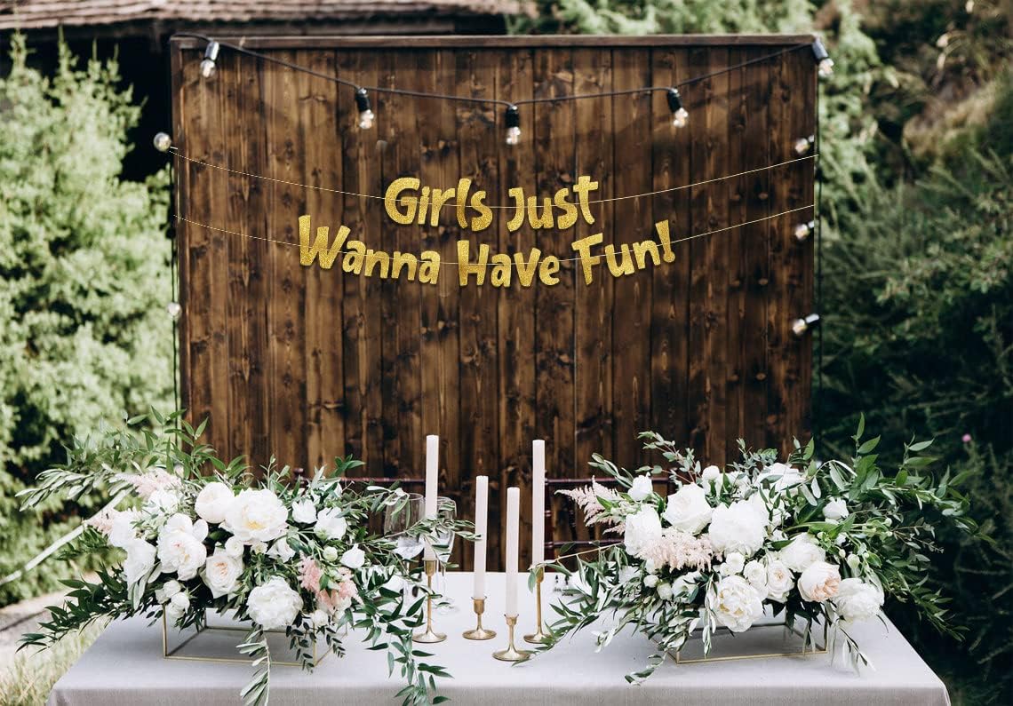 Girls Just Wanna Have Fun Neon Gold Glitter Banner