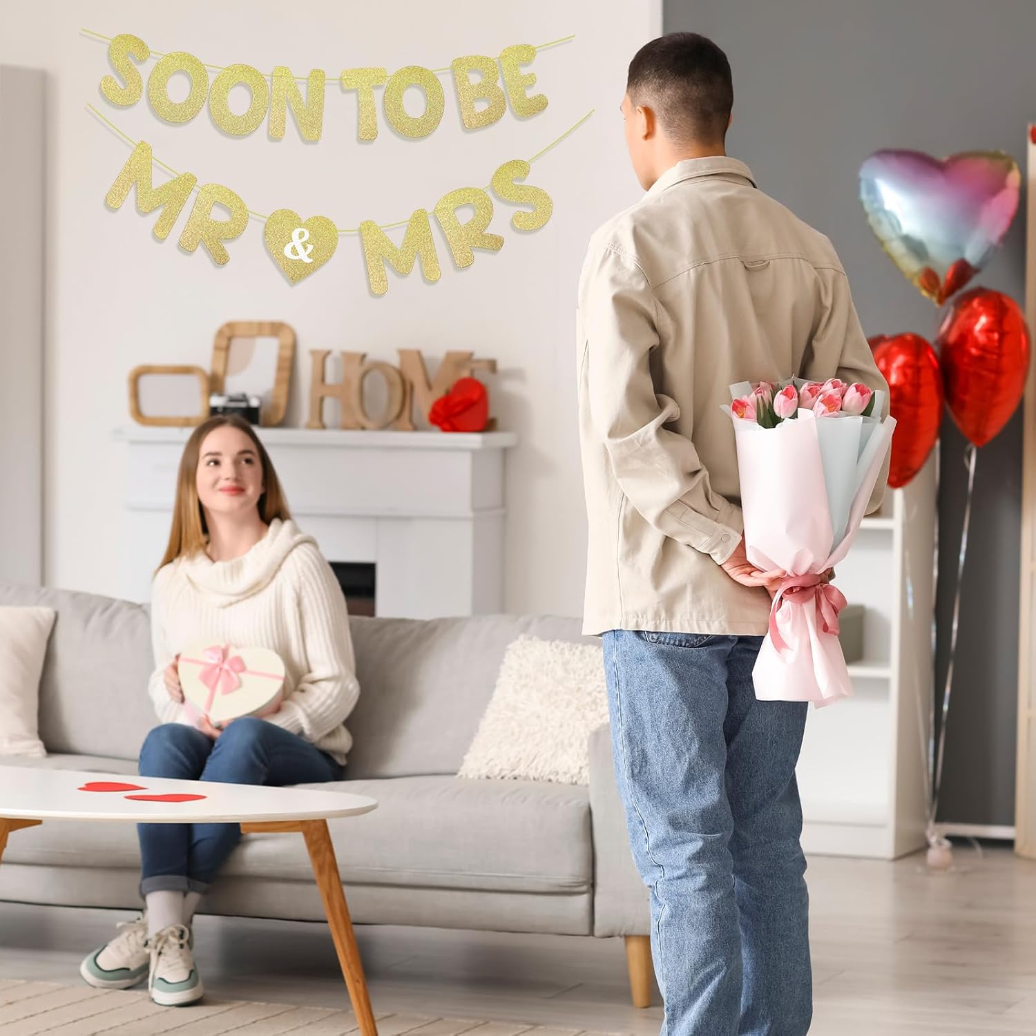 Yeaqee Pre-Strung Mr Mrs Gold Glitter Banner