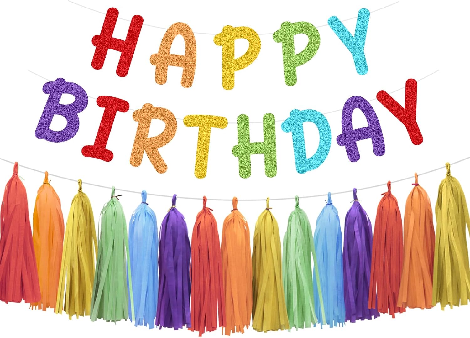 Rainbow Birthday Banner with Paper Tassel Garland