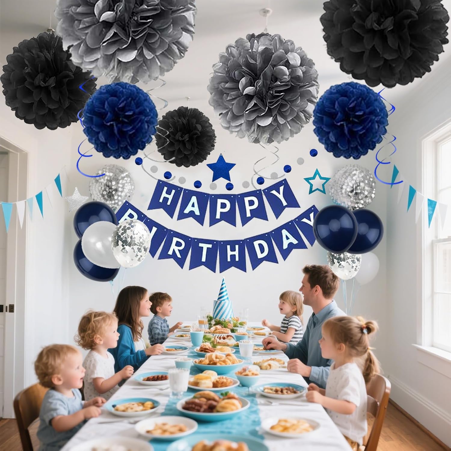 Navy Blue Birthday Decor Set with Banner and Balloons