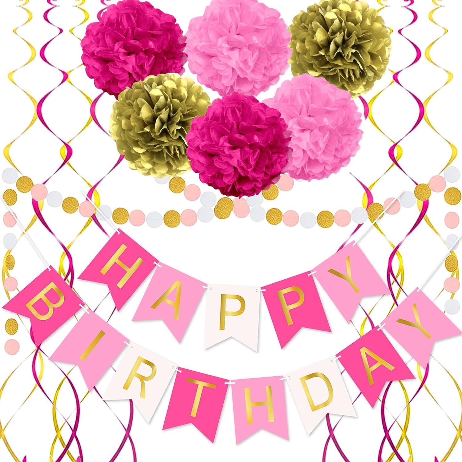 Hot Pink and Gold Birthday Decorations Set