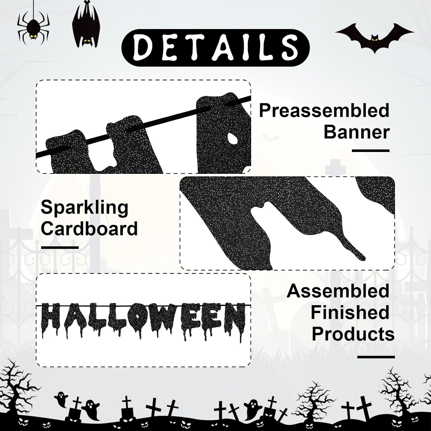 Black Glitter Bats Halloween Banner - Hanging Decor