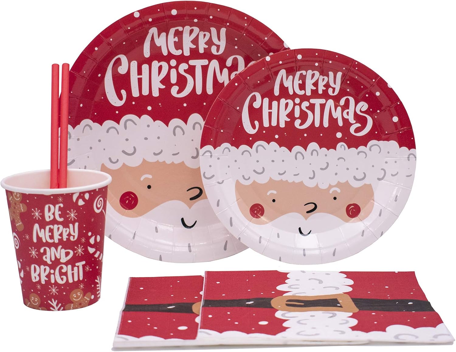 Disposable Christmas Paper Plates Napkins Cups Straws Set for 20 Red