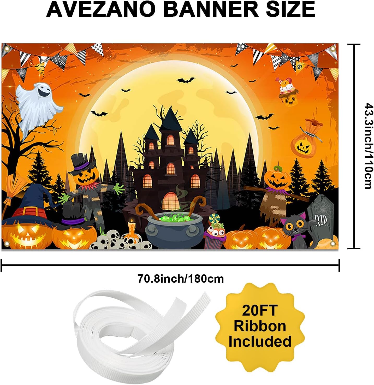 Avezano Happy Halloween Banner 6x36 ft Orange