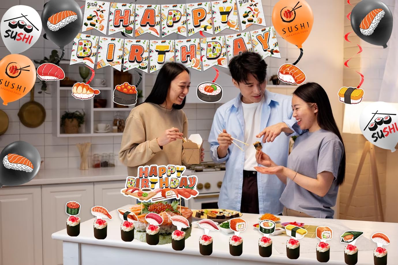 Sushi Party Decorations with Happy Birthday Banner and Balloons