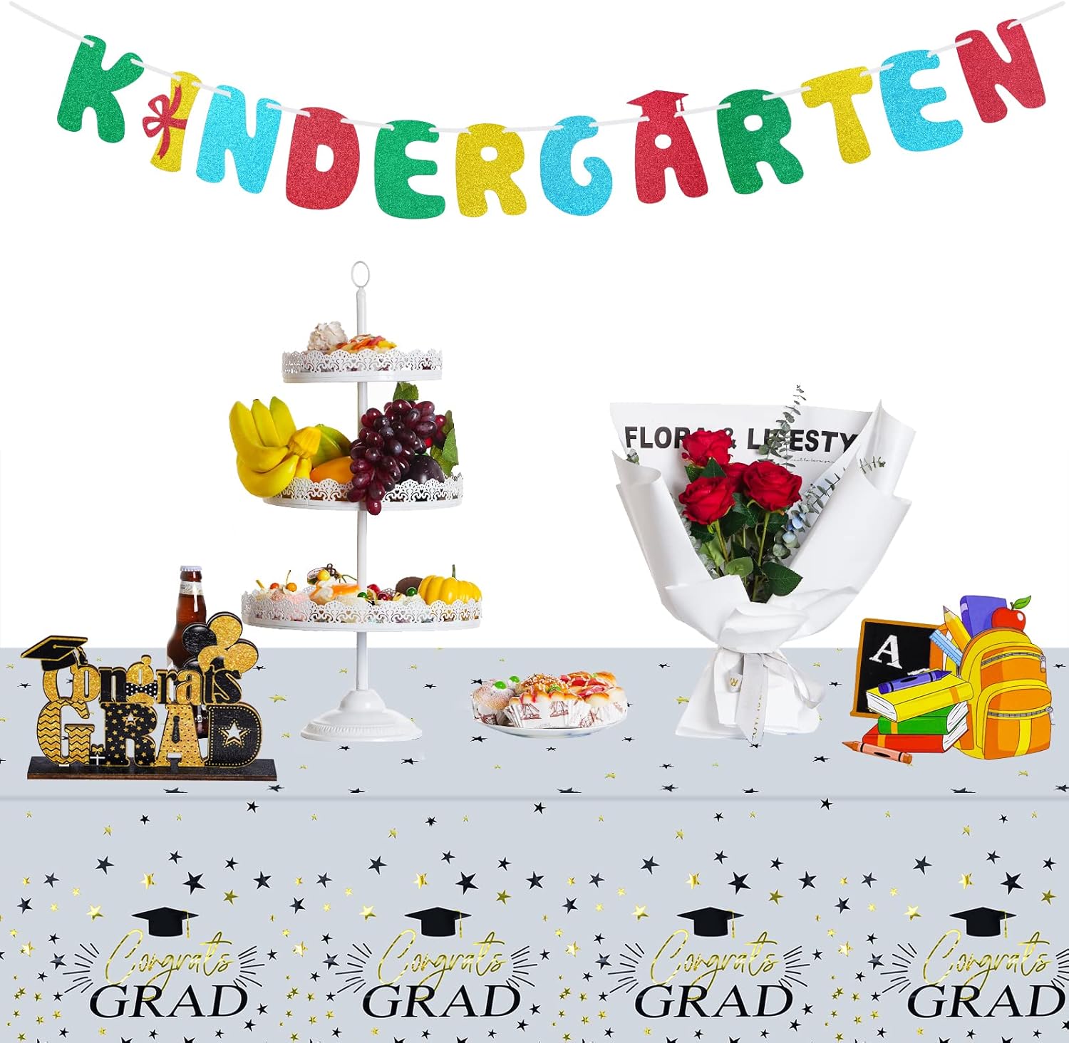 3 Piece Graduation Party Tablecloths Black White Gold