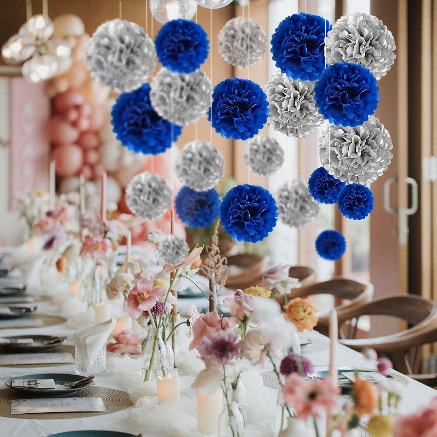 Navy Blue and Silver Tissue Paper Pom Poms Flower Set 28PCS