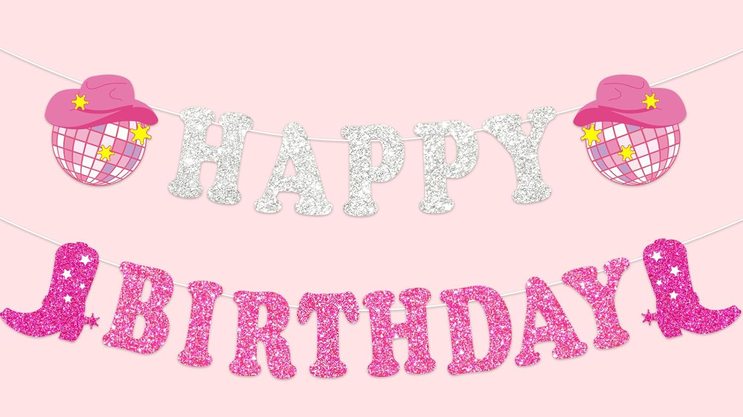Western Cowgirl Birthday Glitter Banner Silver Pink Bunting Garland