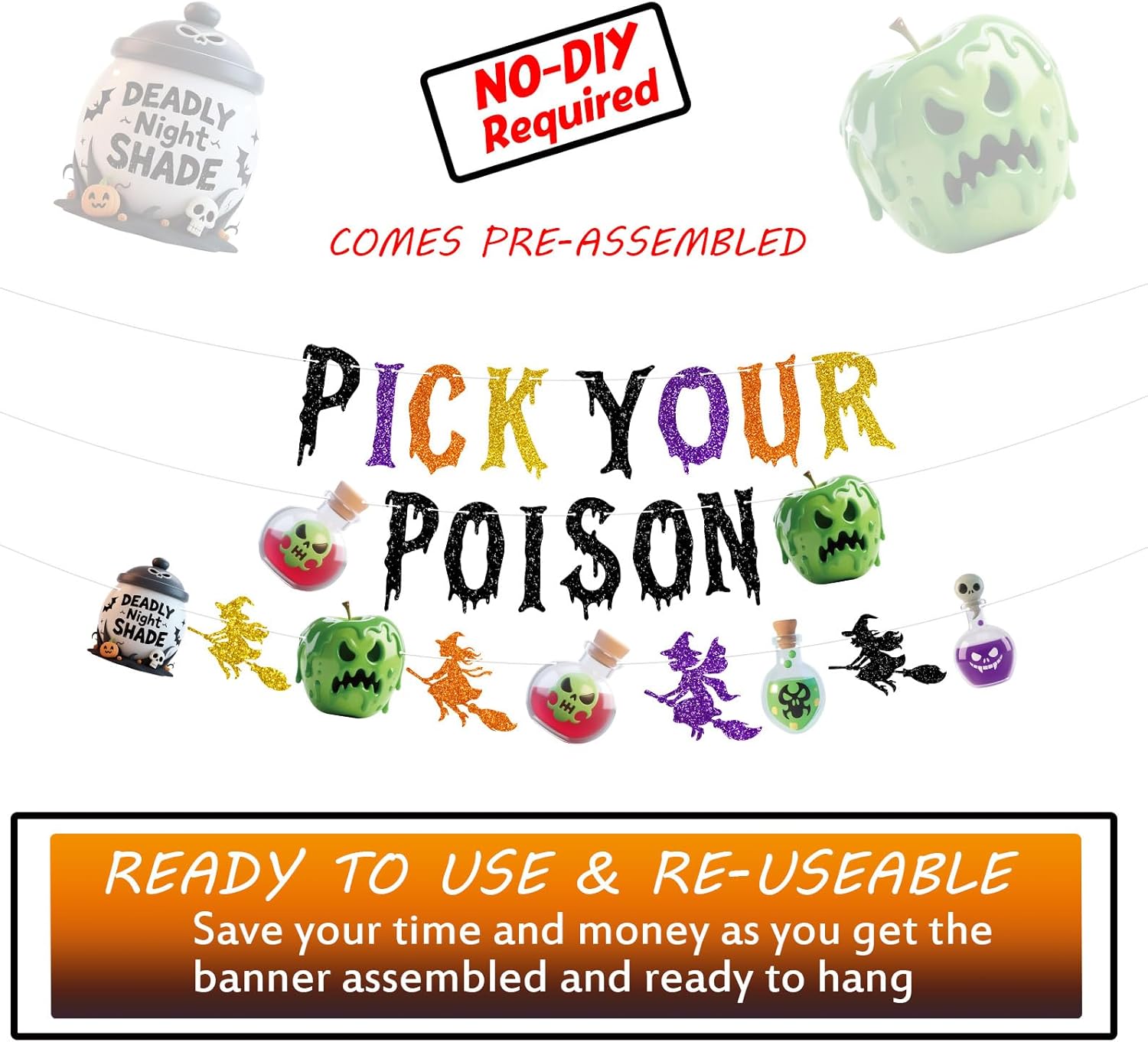 Halloween Pick Your Poison Glitter Banners for Party Decorations