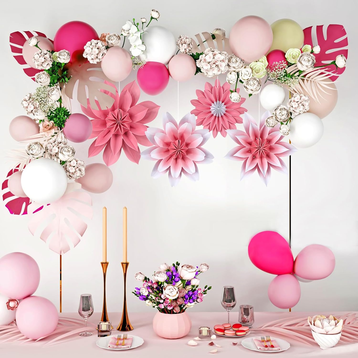 ADLKGG Pink Paper Flower Fan Wall Decor Set of 4