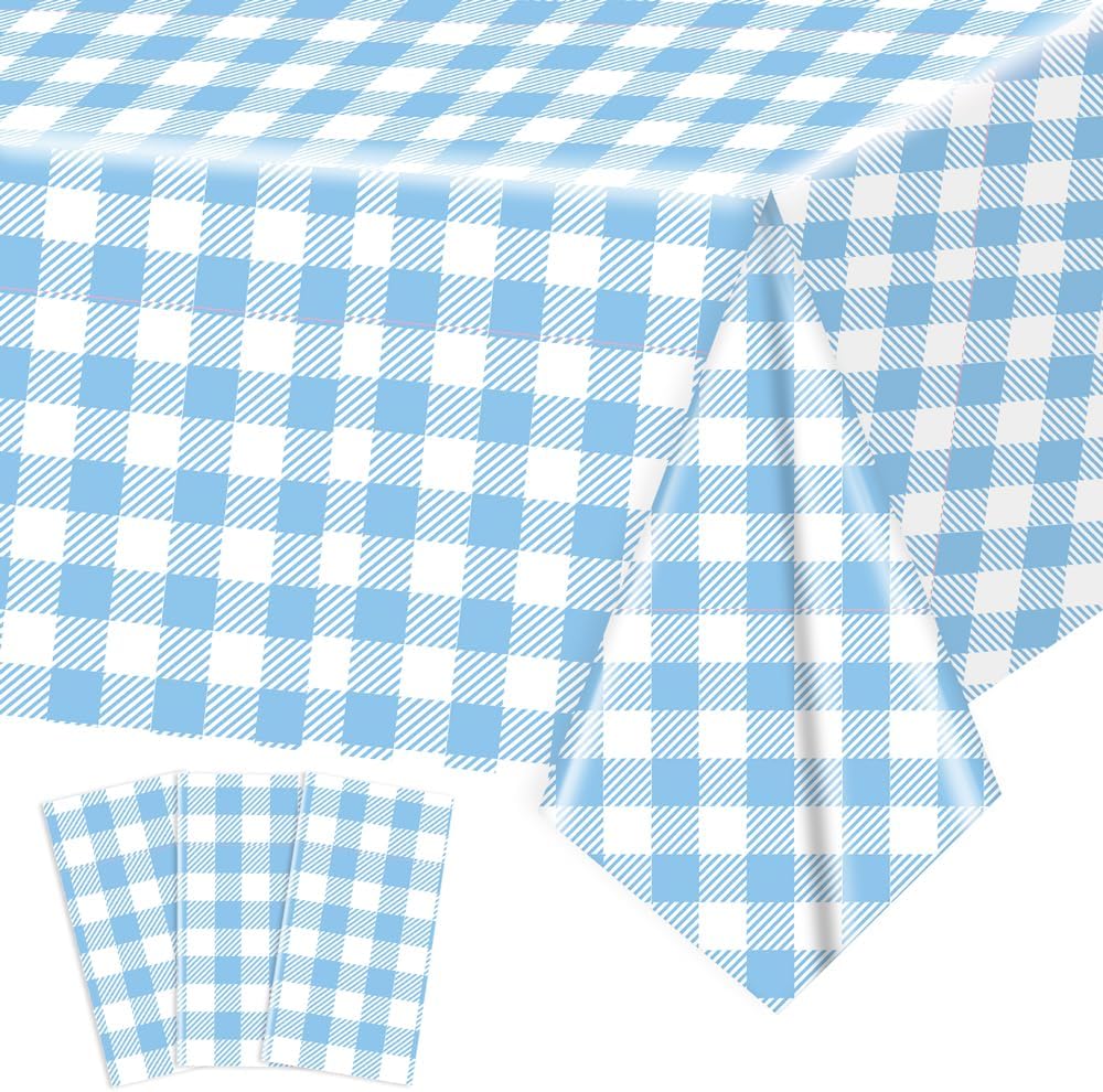 3 Pcs Light Blue Checkered Tablecloth for Outdoor Picnic and Party