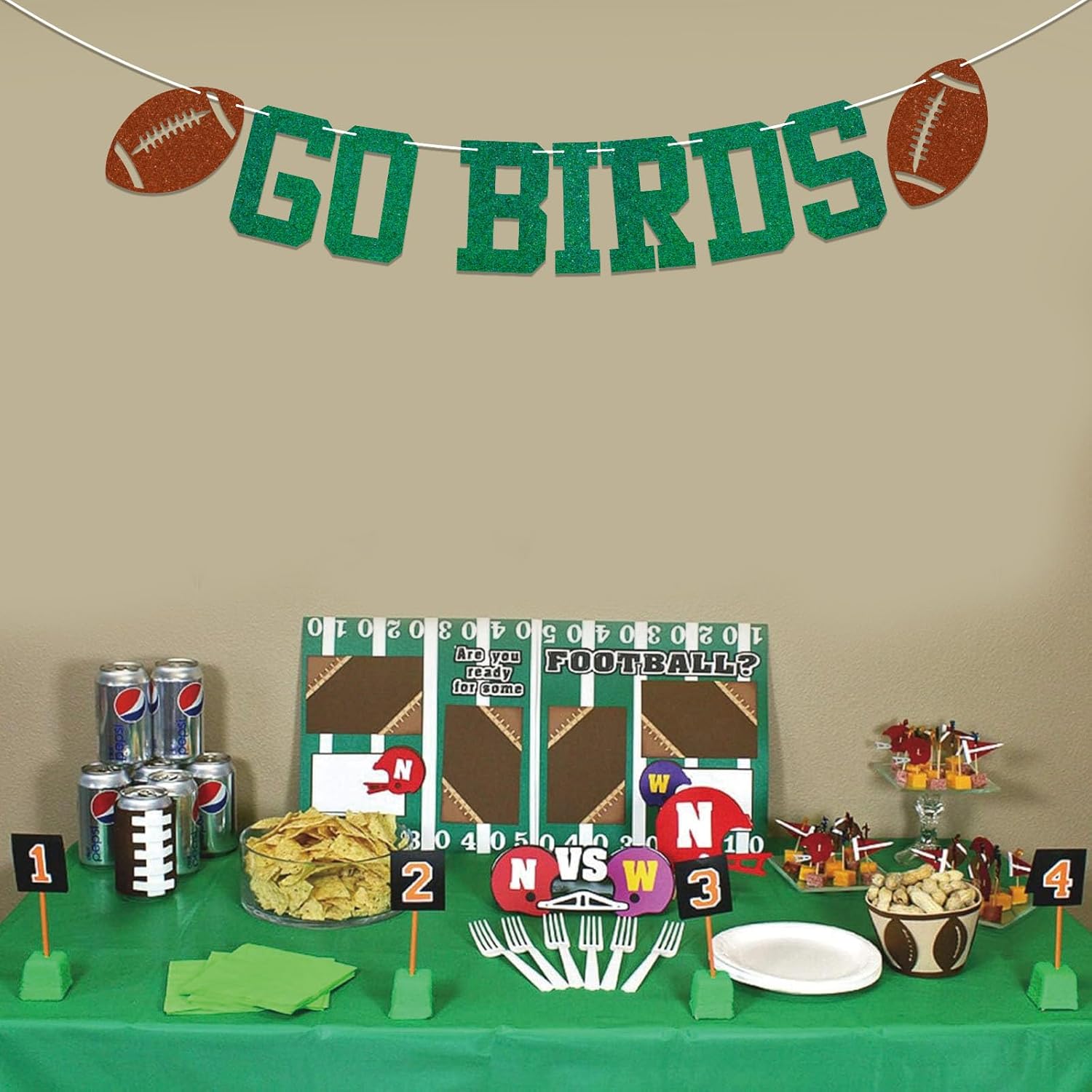 Go Birds Banner - Green Glitter Football Game Decor