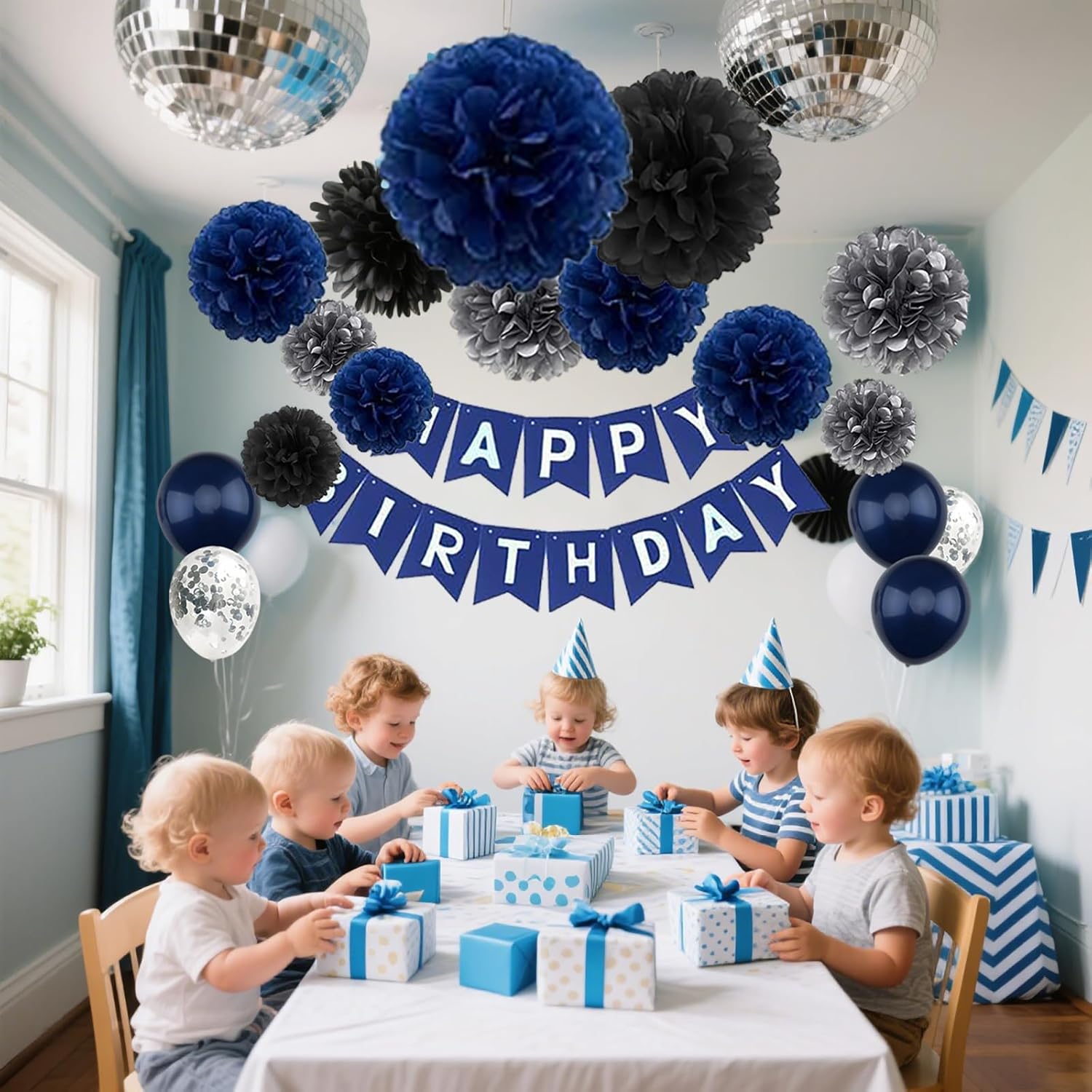 Navy Blue Birthday Decor Set with Banner and Balloons