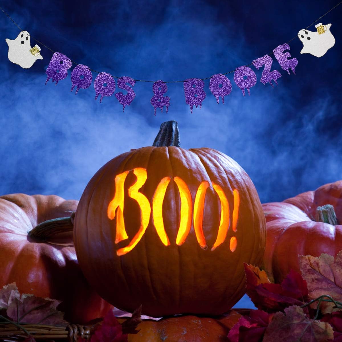 Purple Glitter Boos Booze Halloween Banner