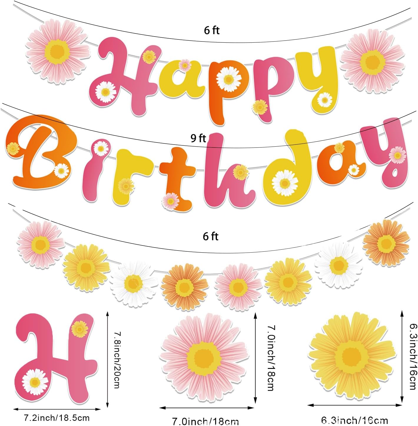 Pre-Strung Happy Birthday Banner with Honeycomb Balls and Daisy Garland
