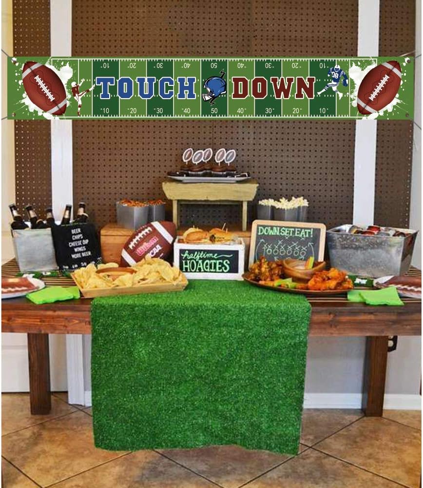 Large Football-Themed Birthday Party Banner with Hanging Ribbon