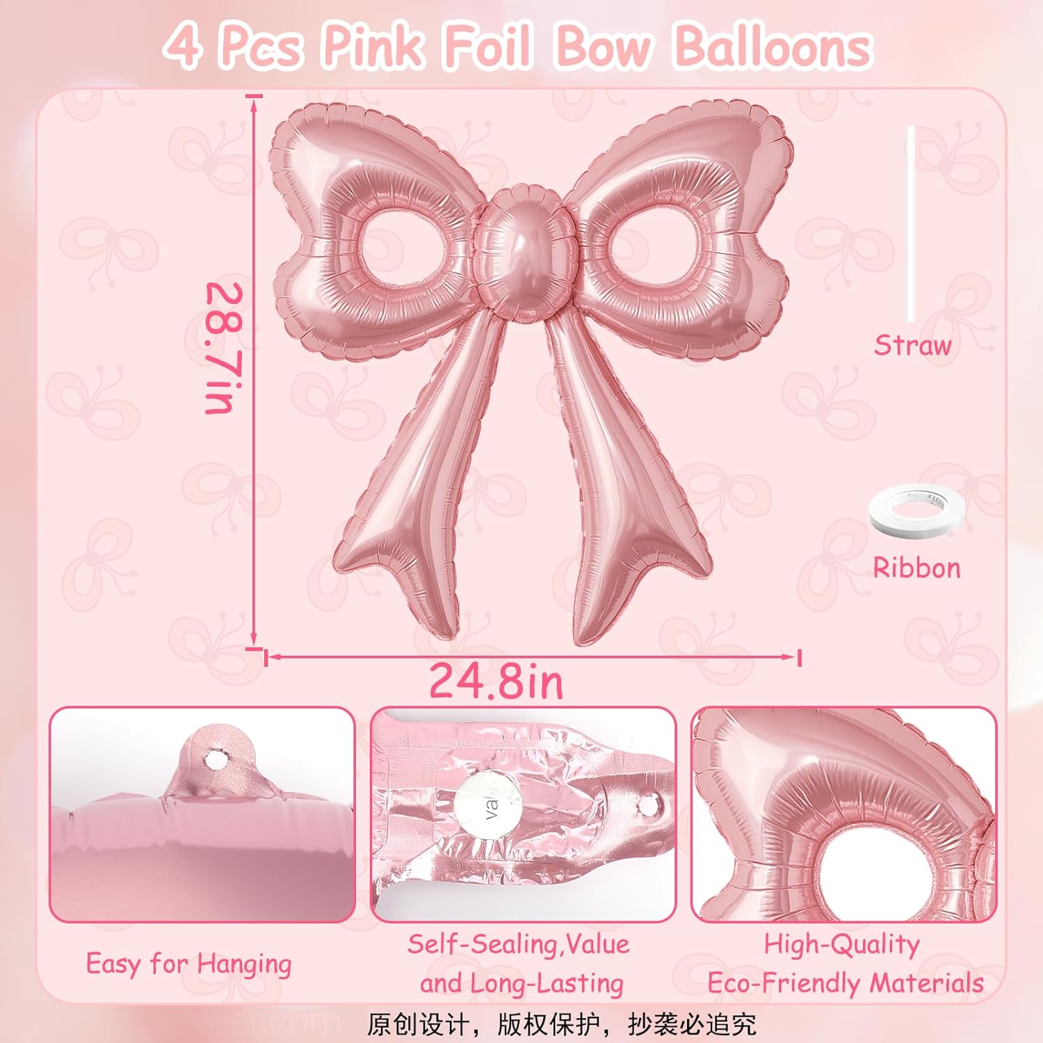 4 Pcs Pink Bow Balloons 31 Inch Party Decorations
