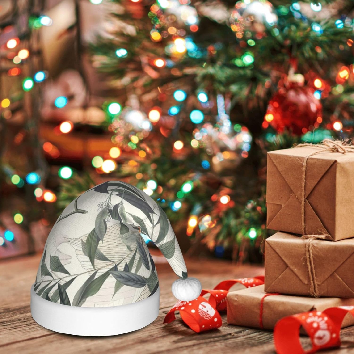 QINZHENG Personalized Santa Hat with Palm Tree Leaves Design