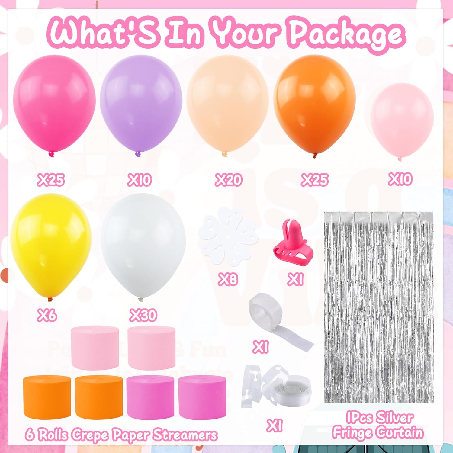 Pink Orange Groovy Balloon Arch Kit with Fringe Backdrop