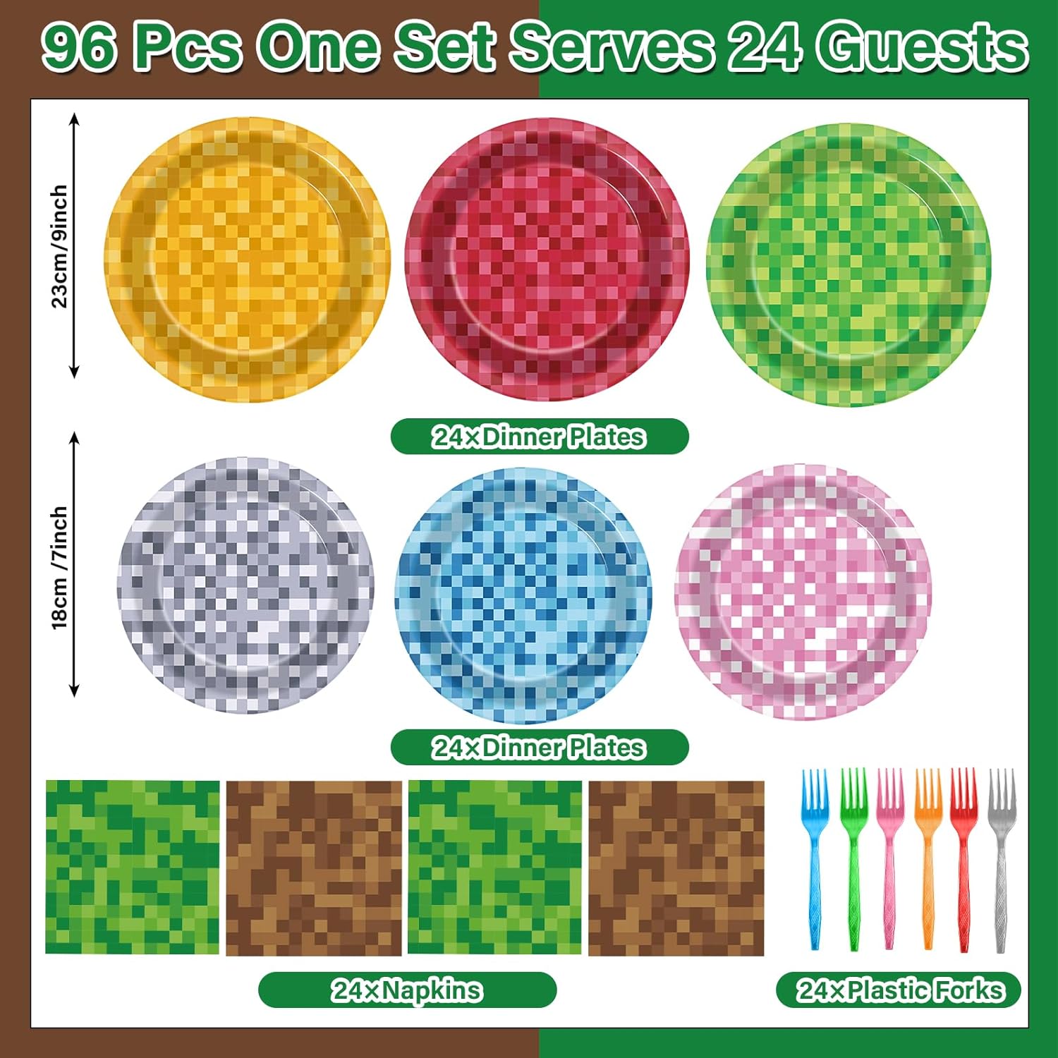96 Pcs Mini Pixel Party Plates and Napkins for Gaming Birthday Celebration