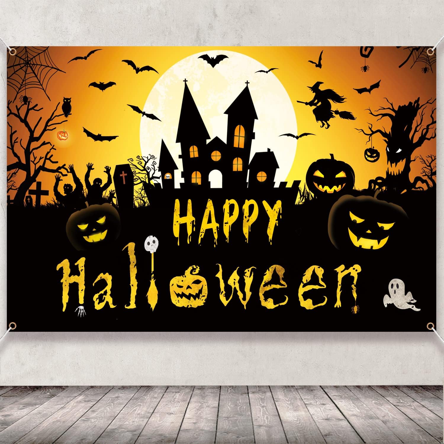 Happy Halloween Banner - Witch Pumpkin Bats Indoor Decor