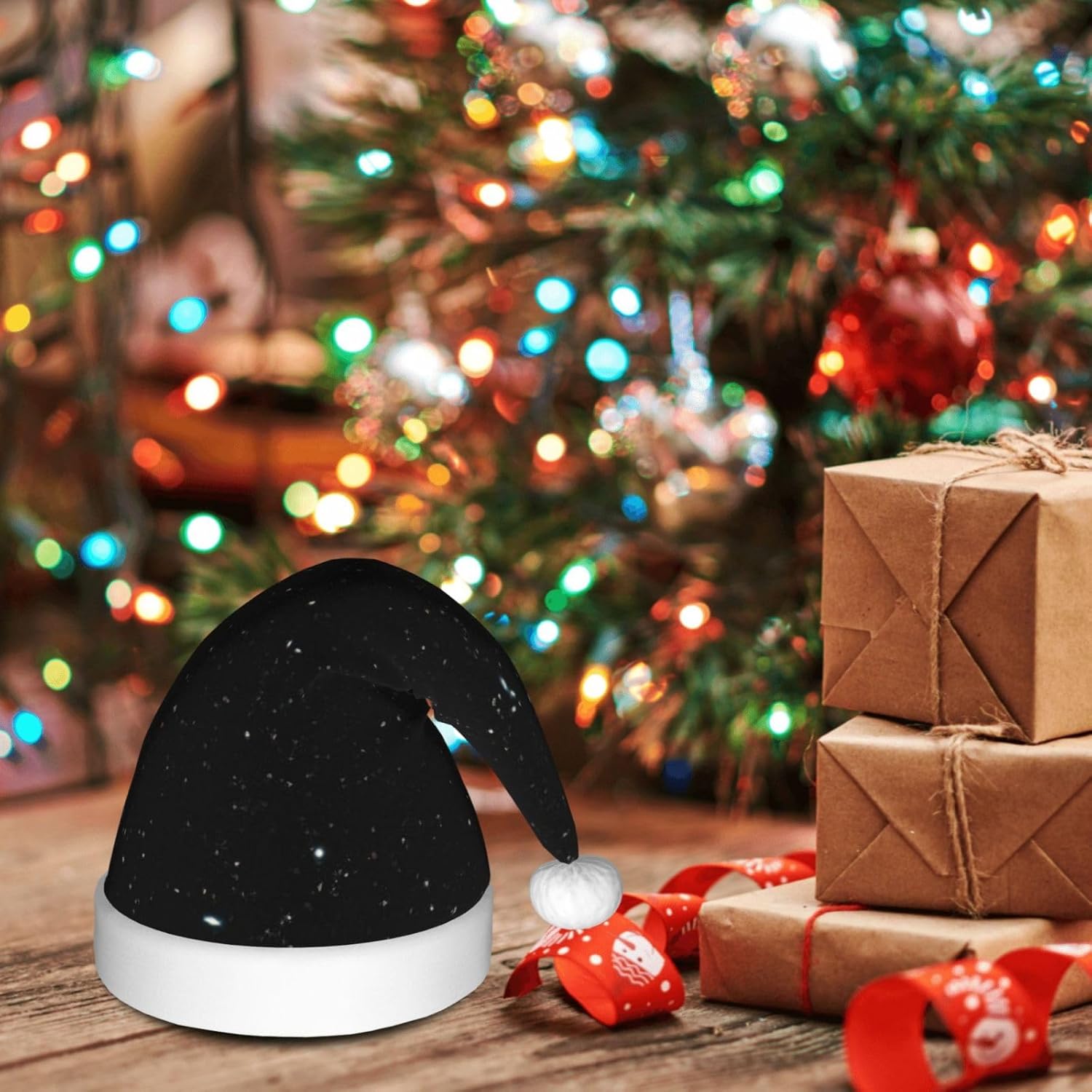 QINZHENG Personalized Santa Hat with Black Glitter Print for Women and Adults