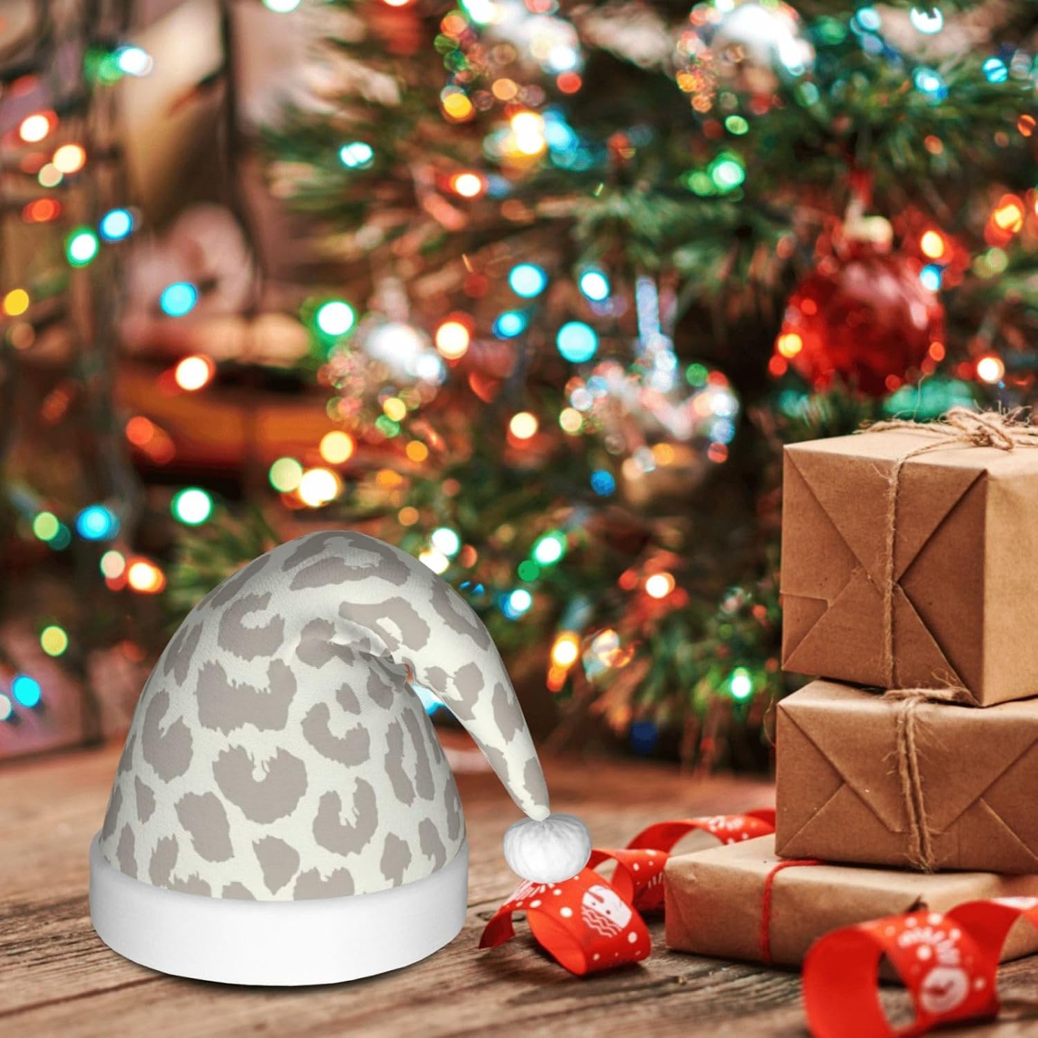 QINZHENG Brown Leopard Print Santa Hat for Women Adult