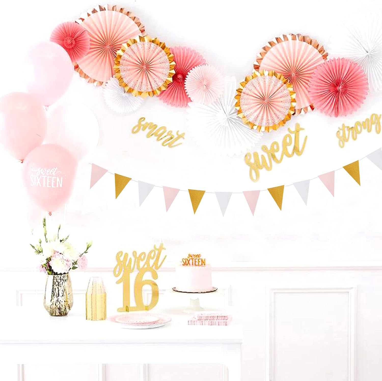 Pink White Gold Pennant Banner 2 Pack Decor