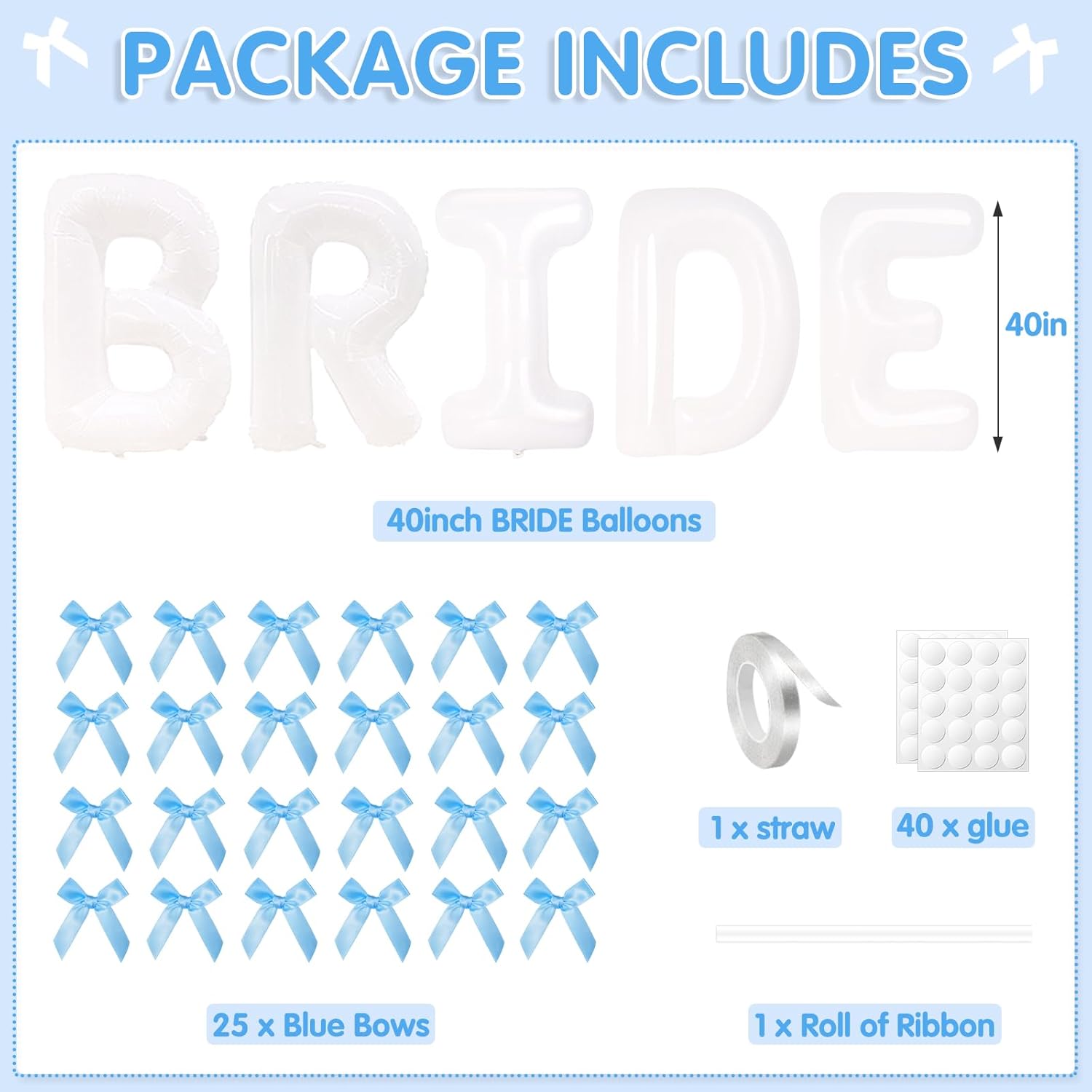 40 Inch White Bride Balloons with Blue Bows