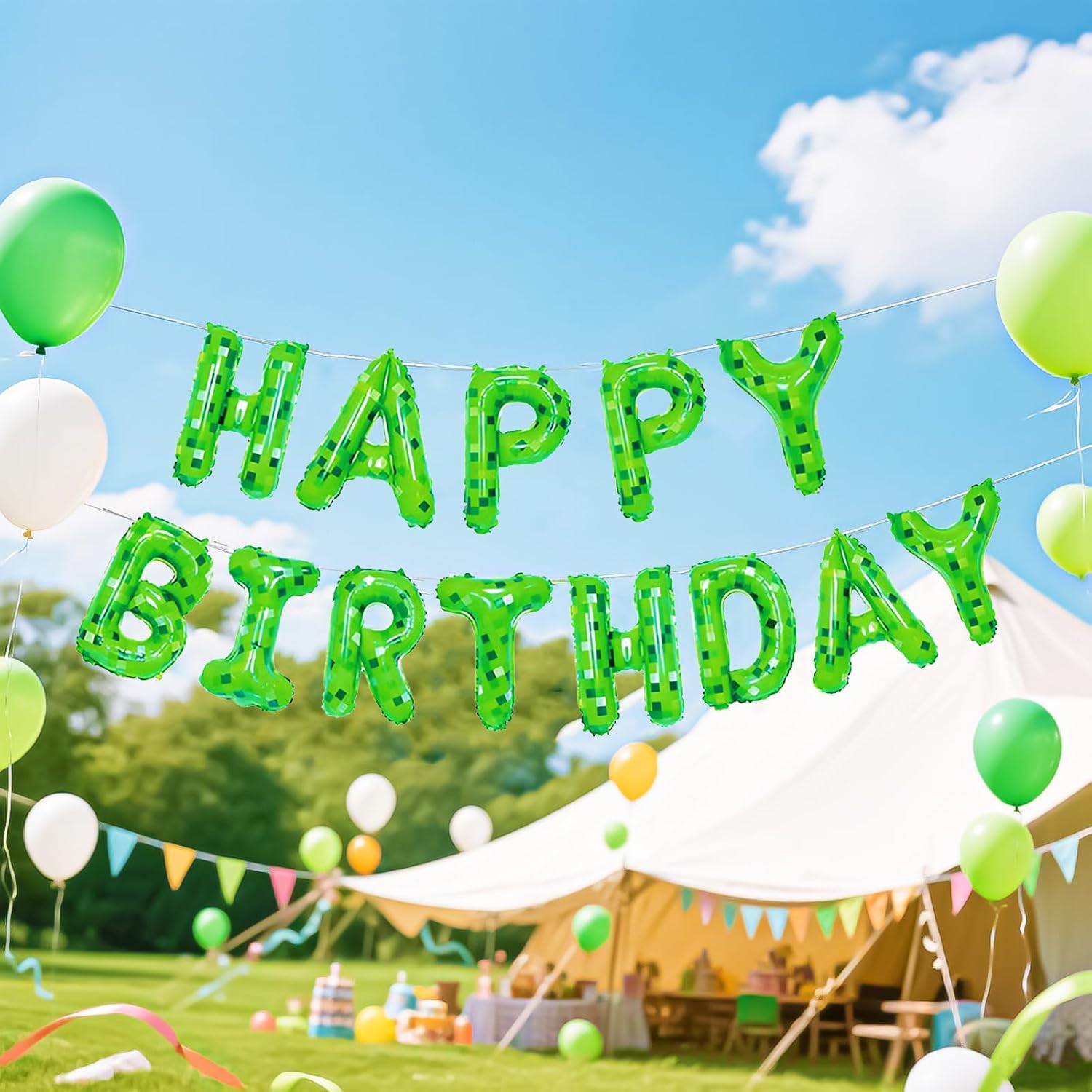 Green Happy Birthday Miner Theme Balloon Banner 16 Inches