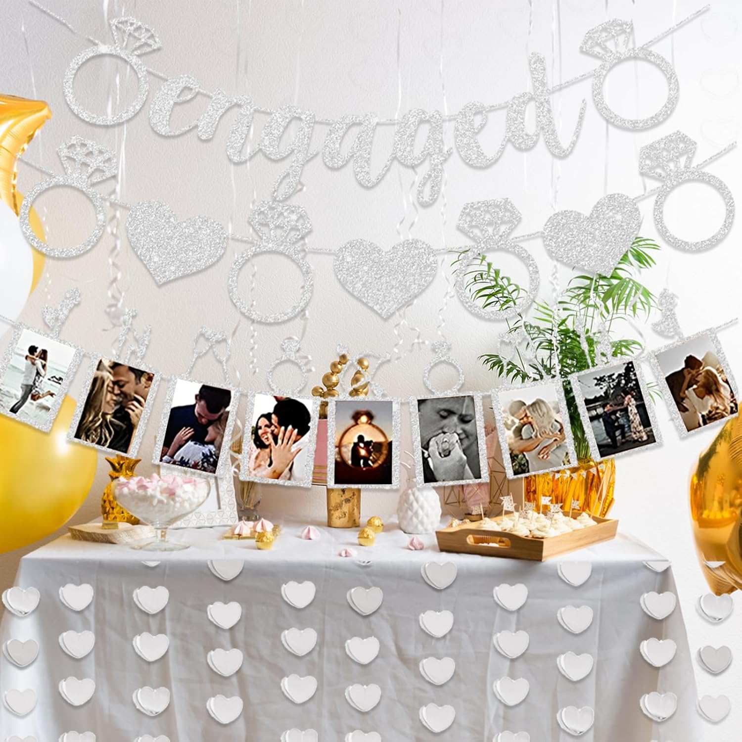 Silver Glitter Engagement Party Banners with Heart Garland
