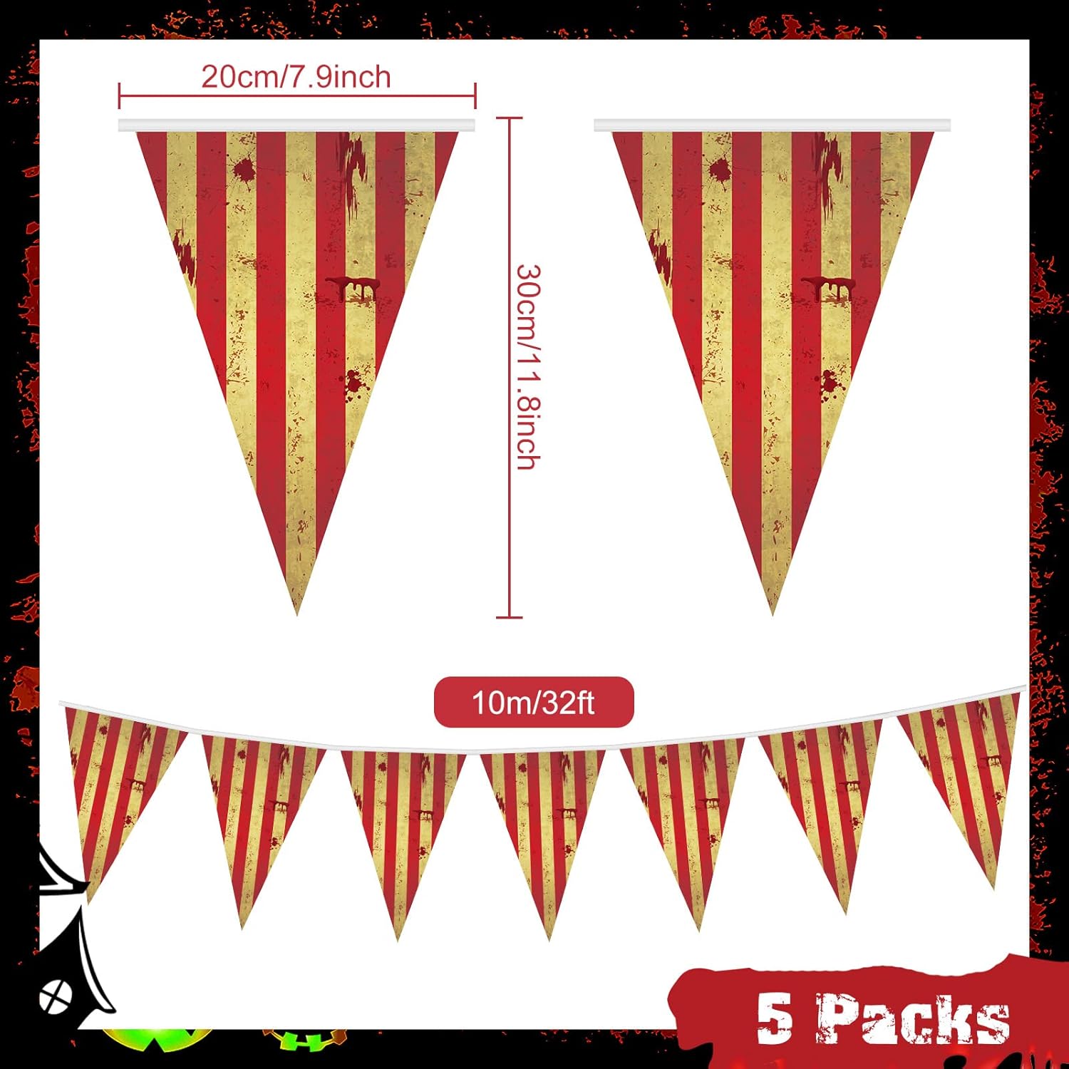 5 Pack Circus Creepy Halloween Banners Red White Striped