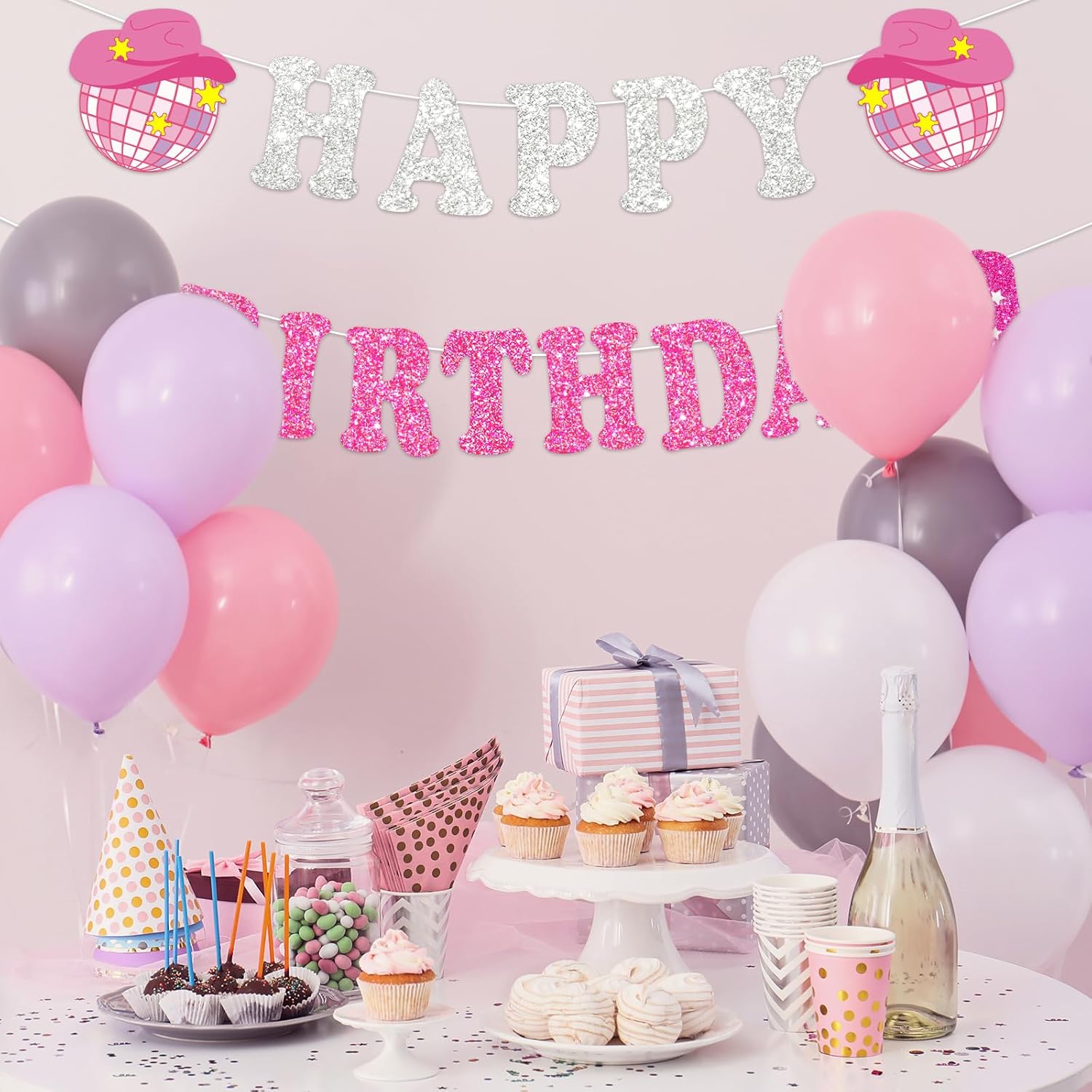 Western Cowgirl Birthday Glitter Banner Silver Pink Bunting Garland