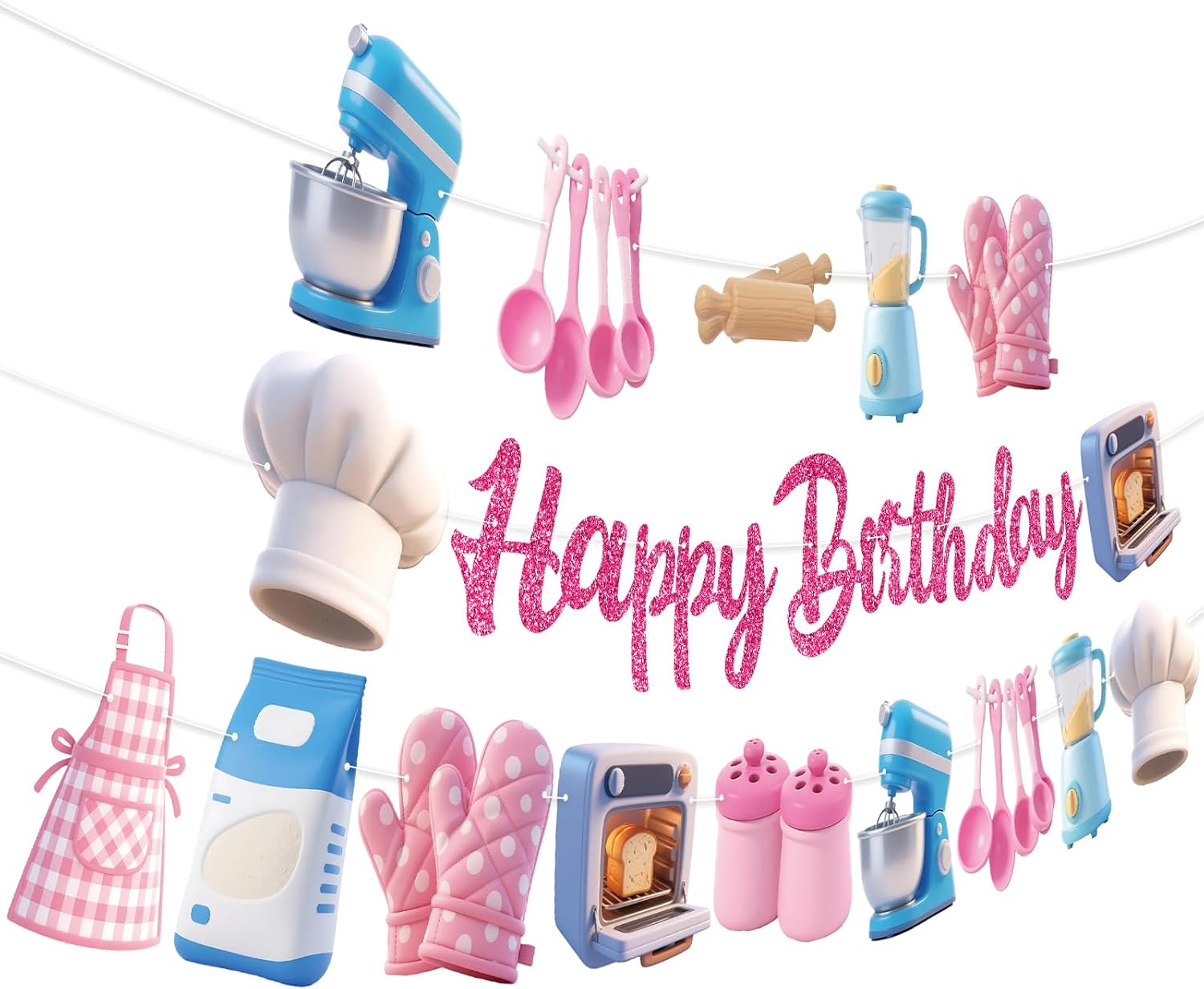 Bake Party Banners 3Pcs Happy Birthday Garland for Kids Birthday Celebrations