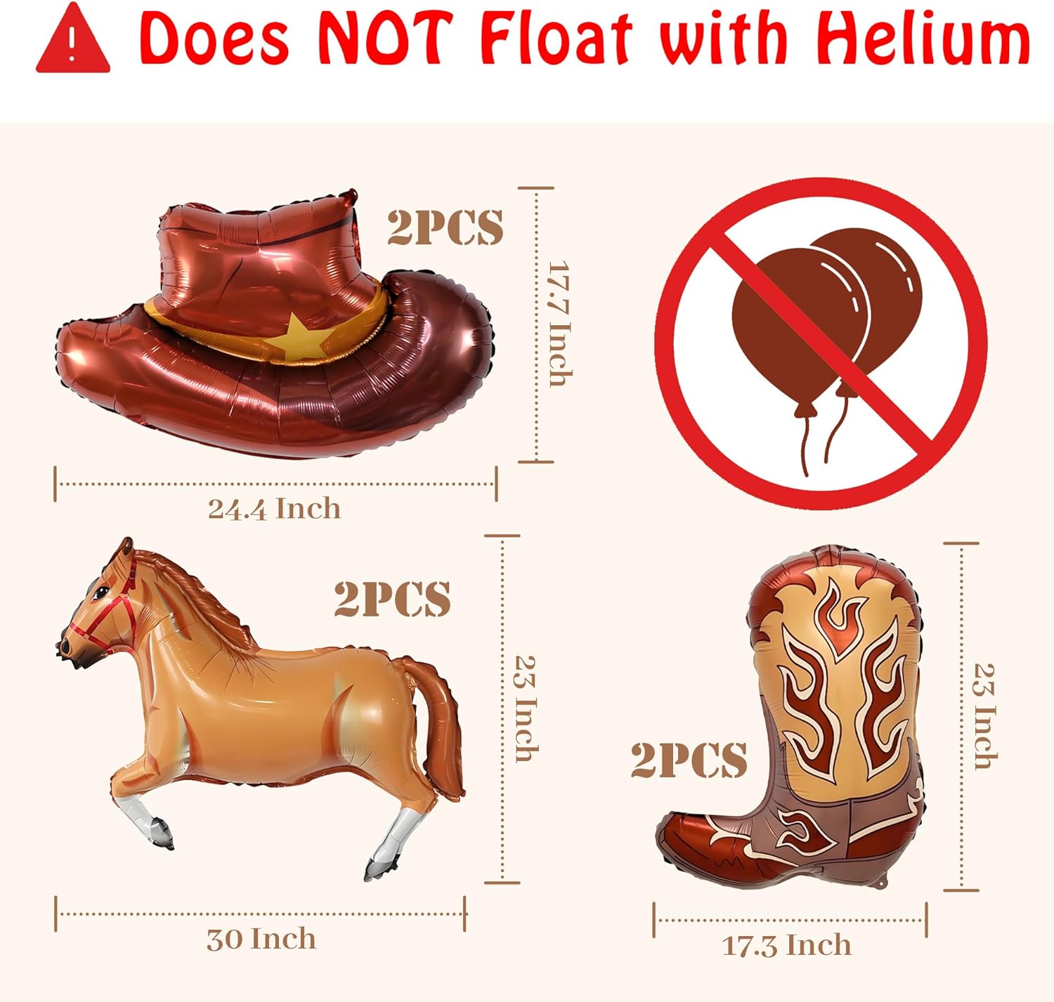 6PCS Western Themed Balloons Horse Cowgirl Hat Boot Decorations