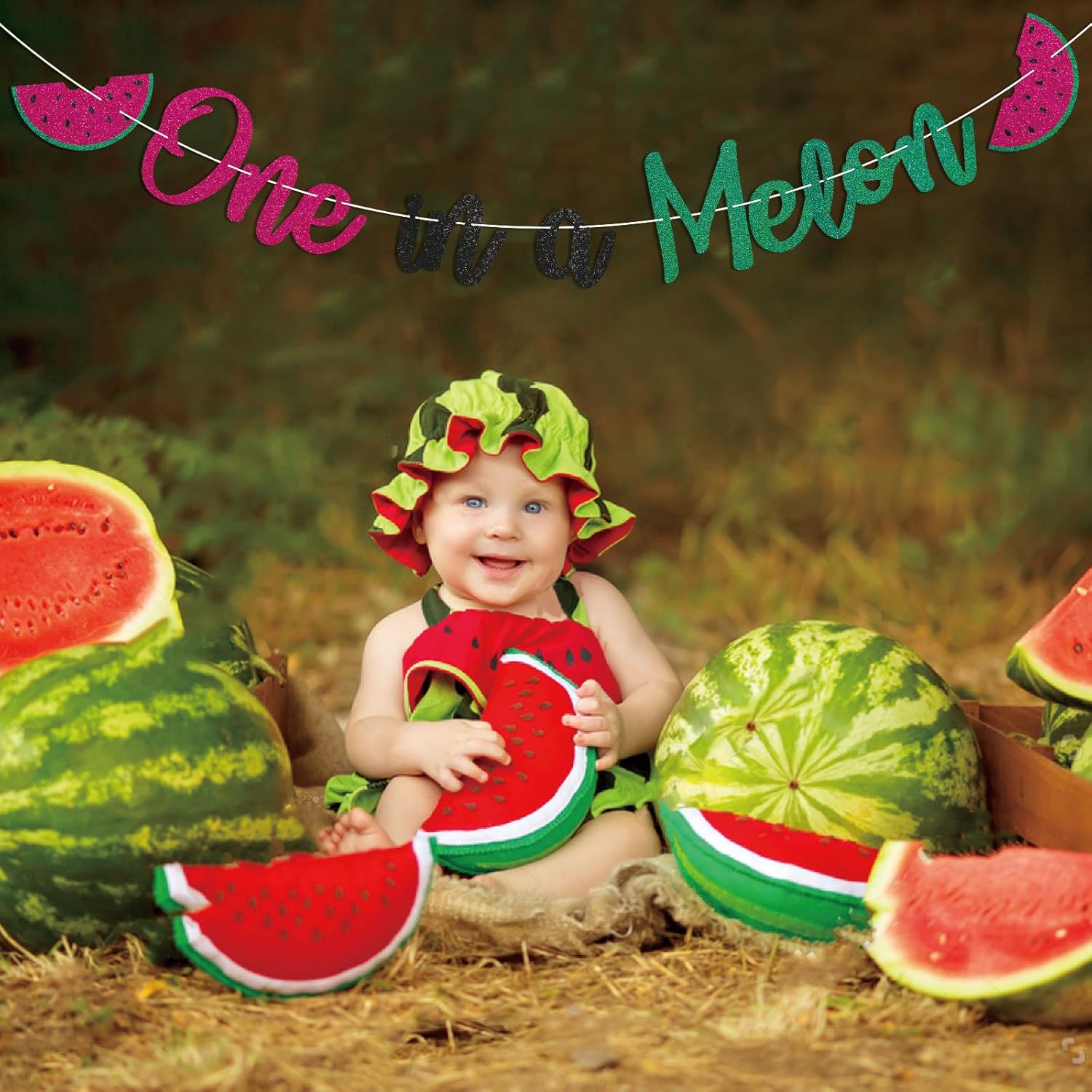 One in a Melon Birthday Banner - Glitter Green Watermelon Decor