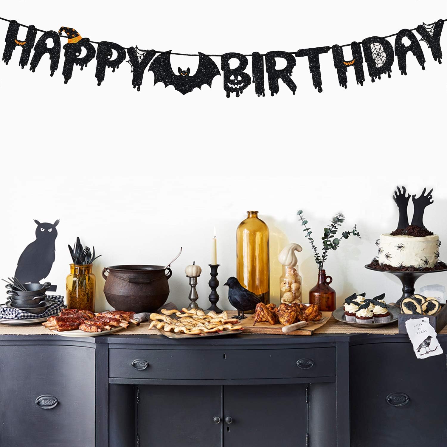 Halloween Happy Birthday Black Glitter Banner
