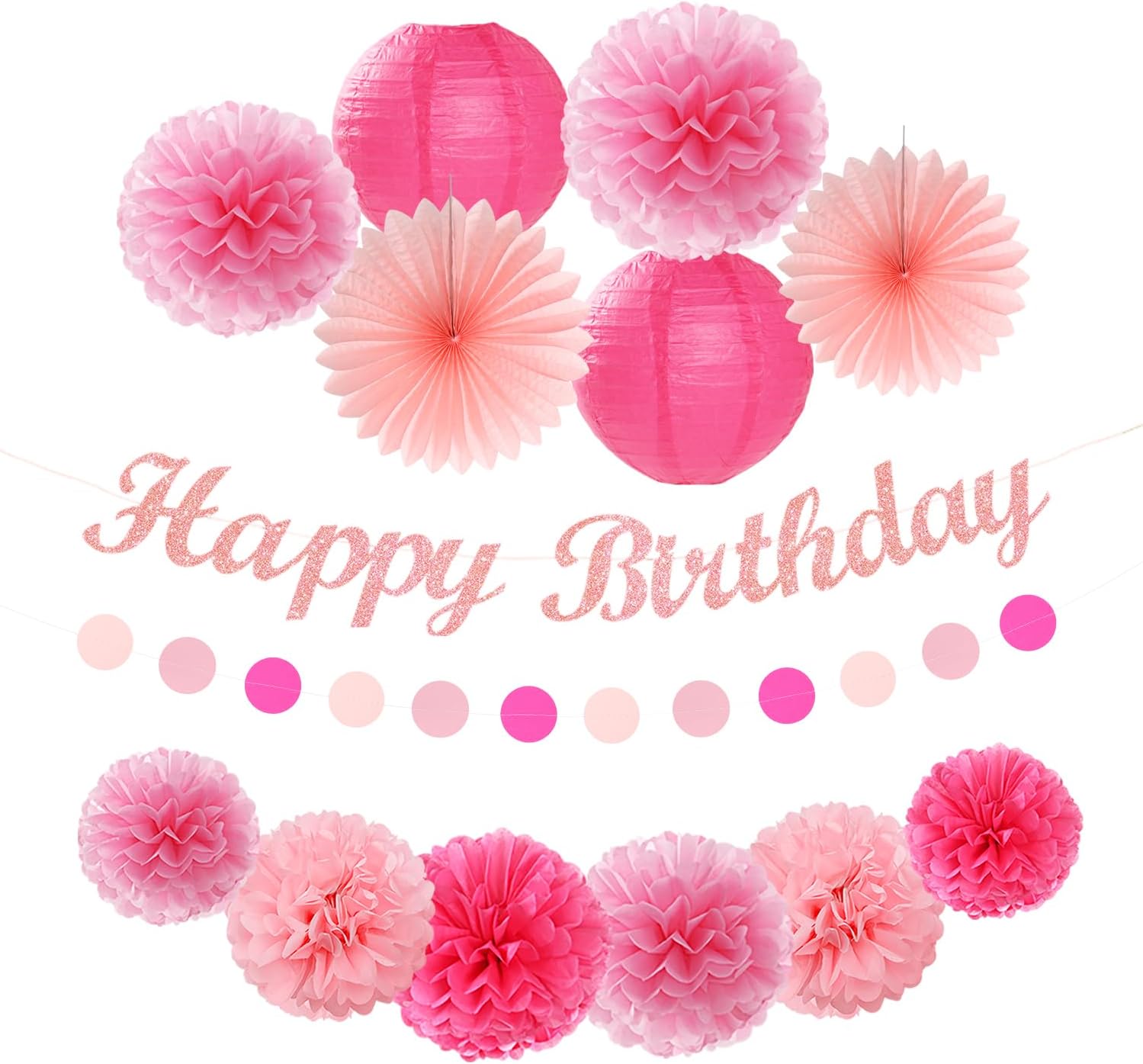 Hot Pink Birthday Decorations - 14pcs Paper Flowers Lanterns Pom Poms