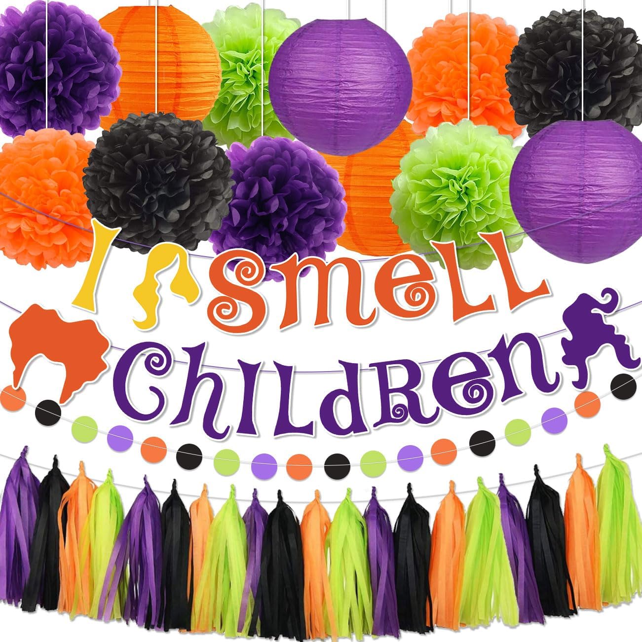 Hocus Pocus Halloween Decor Banner with Pompoms and Tassels