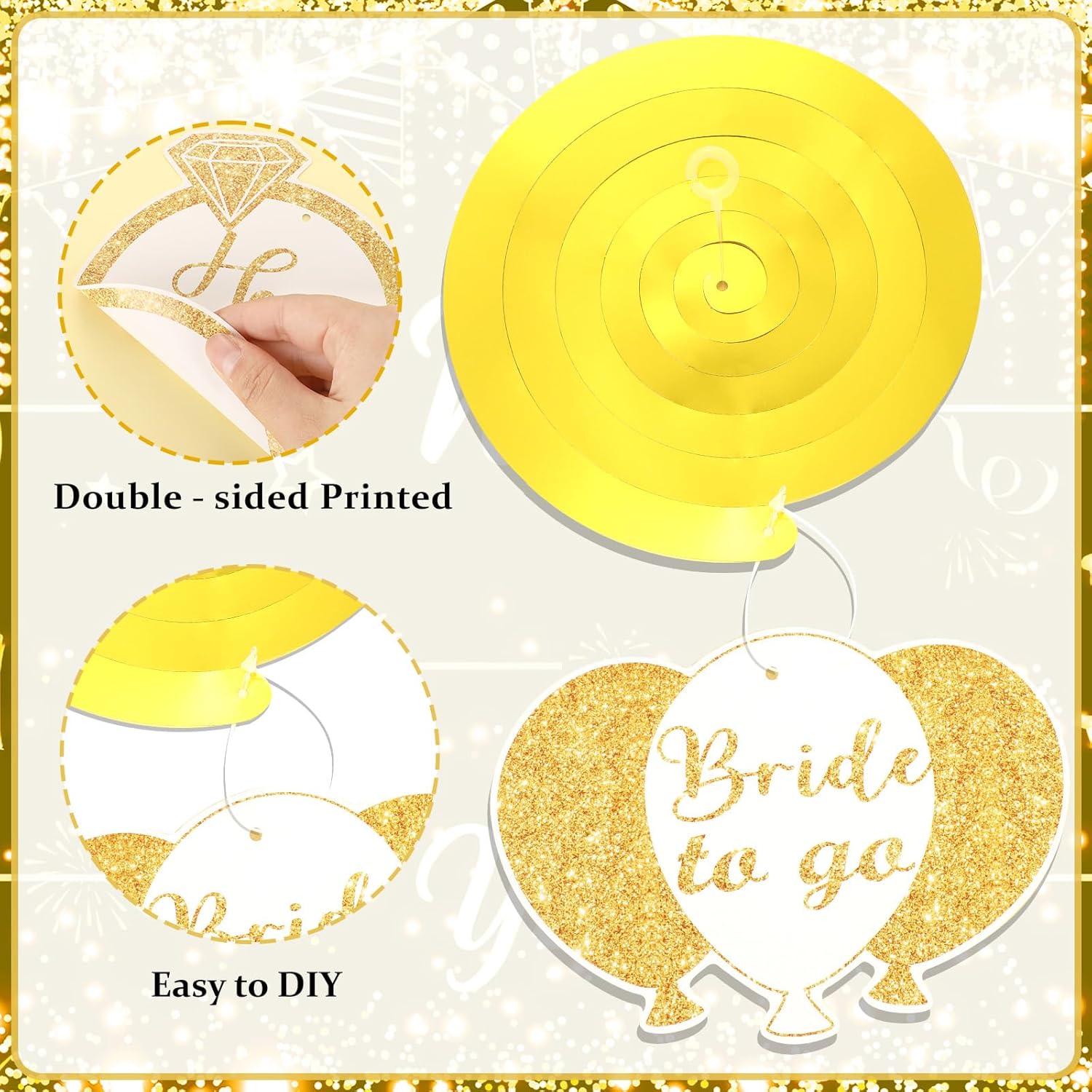 White Gold Engagement Party Decorations Banner with Hanging Swirls