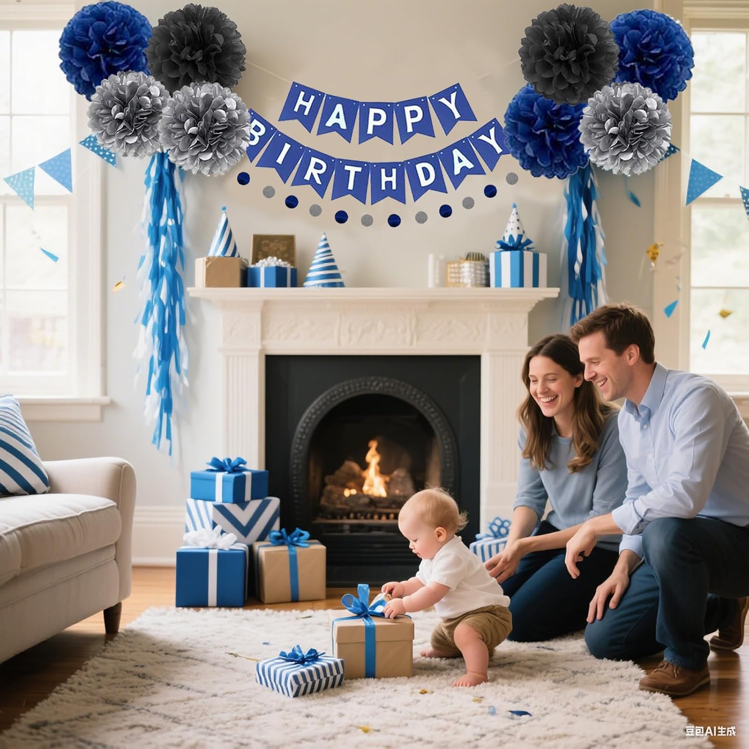 Navy Blue Birthday Decor Set with Banner and Balloons