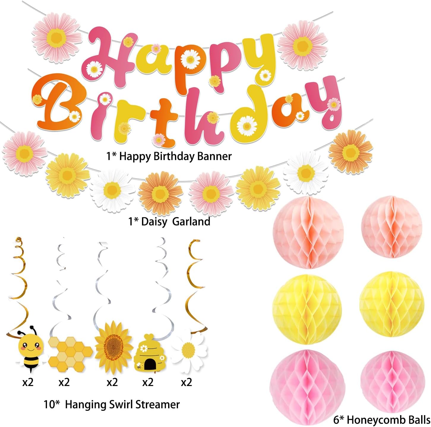 Pre-Strung Happy Birthday Banner with Honeycomb Balls and Daisy Garland