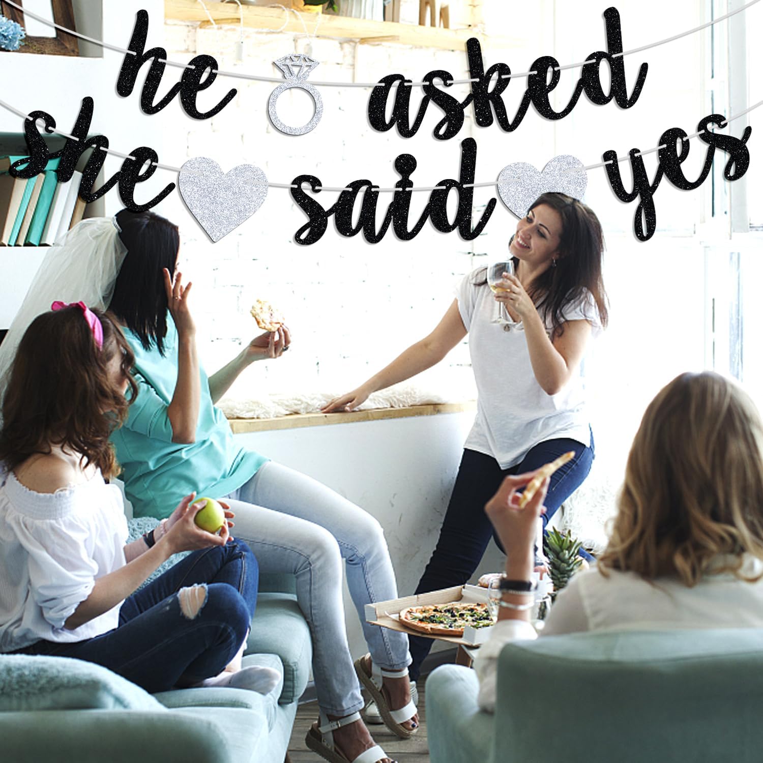 He Asked She Said Yes Banner Black Glitter Bunting Engagement Sign