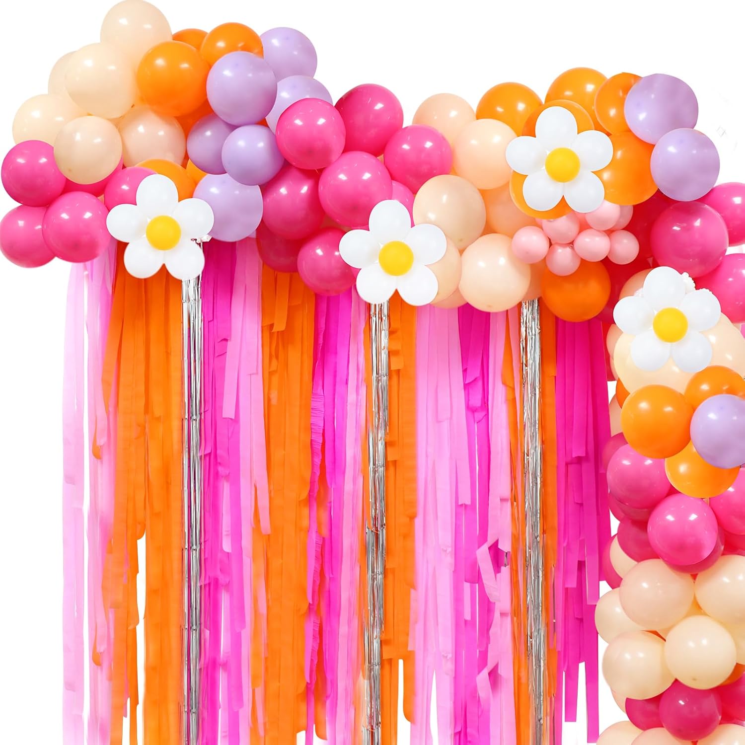 Pink Orange Groovy Balloon Arch Kit with Fringe Backdrop