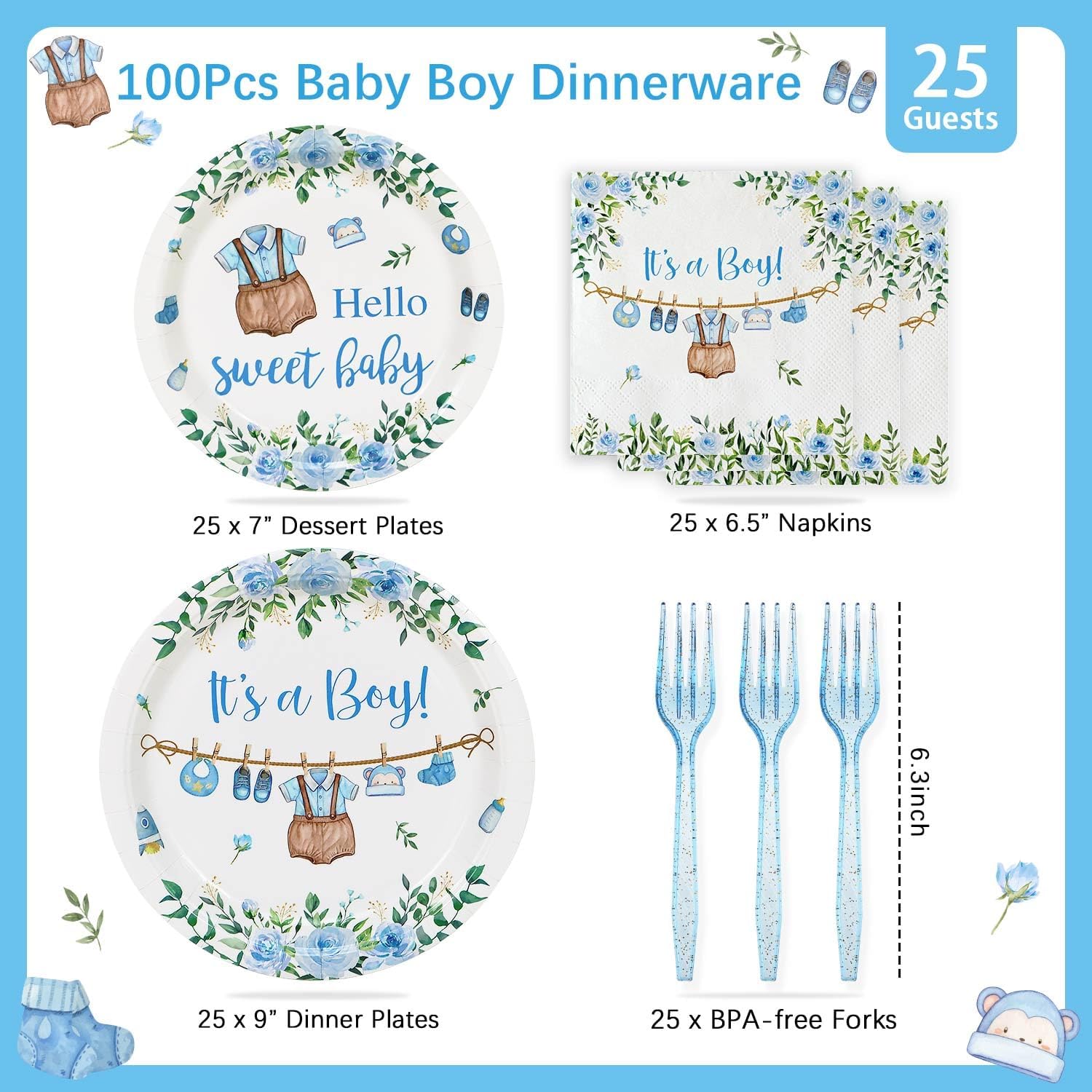 Blue Boy Baby Shower Plates Set 100 Pcs for 25 Guests