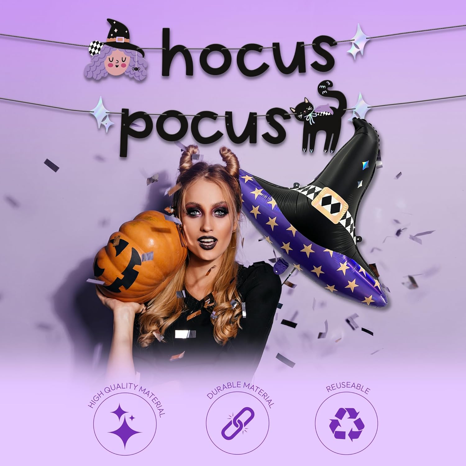 Hocus Pocus Halloween Banner and Witch Hat Balloon